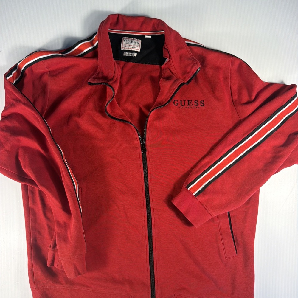 GUESS Men's Red Hooded Full Zip Jacket Logo Accent Size Xl